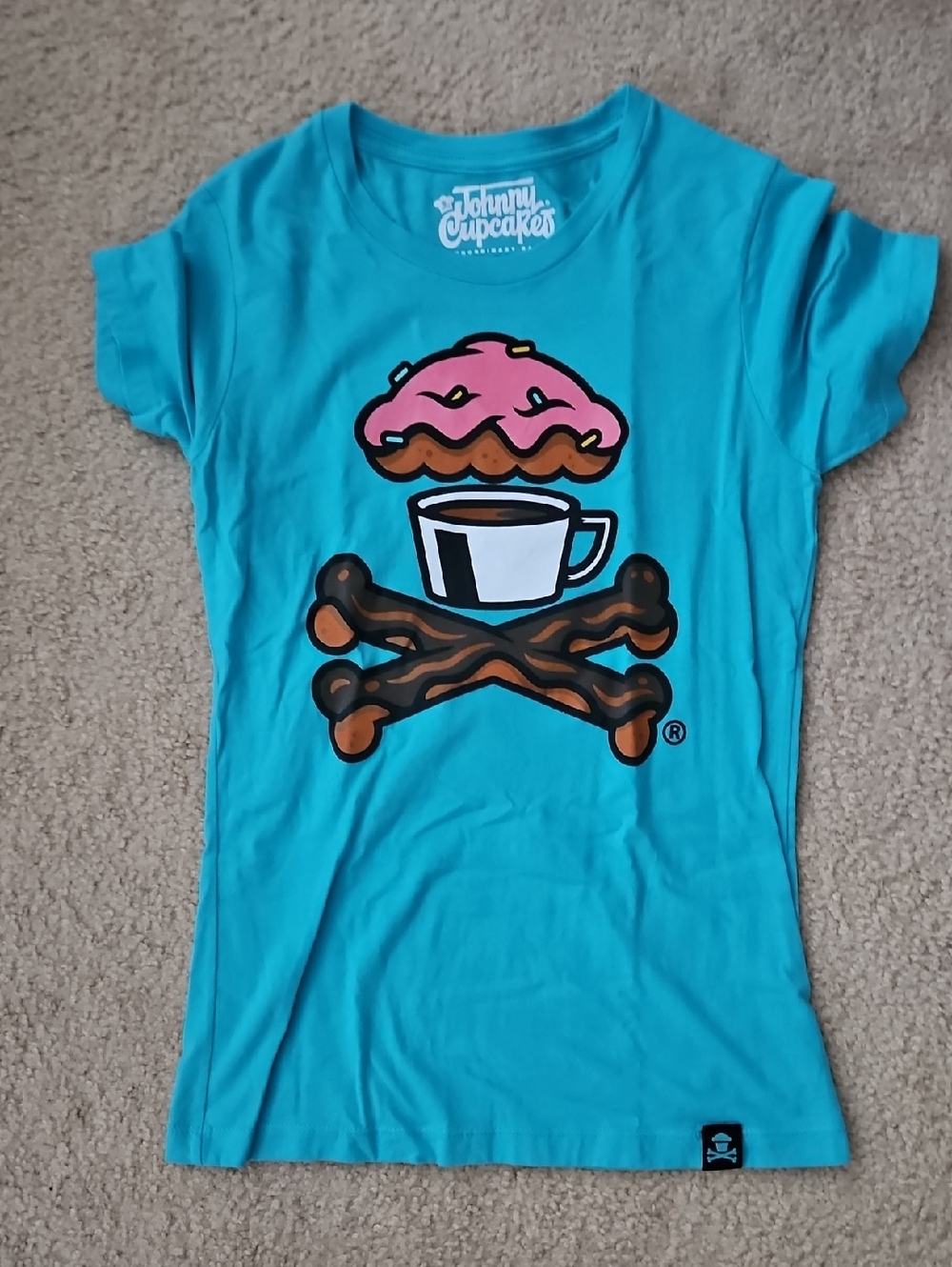 Johnny Cupcakes Turquoise Tee with Pink Donut & Brown Crossbones Coffee
